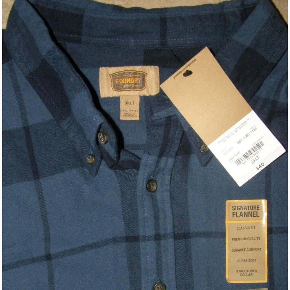 FOUNDRY Mens Sz 3XL Tall Blue Plaid Classic Fit Soft Flannel Button Up Shirt NEW - Picture 3 of 3